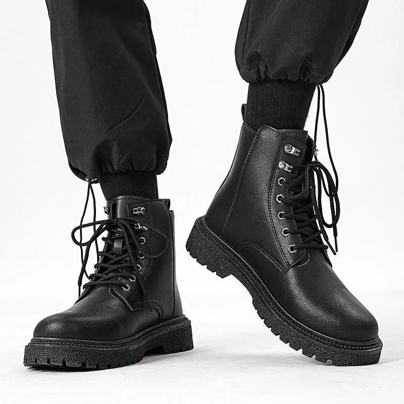 High-top winter boots in black with thick bottom, front lace-up, PU upper, rubber sole, and leather-stitch detailing
