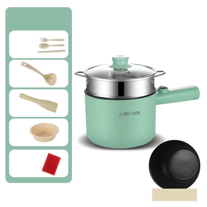 Mini hot pot electric cooker with stainless steel body, non-stick pot, available in green, compact size 12.7x17x15 cm