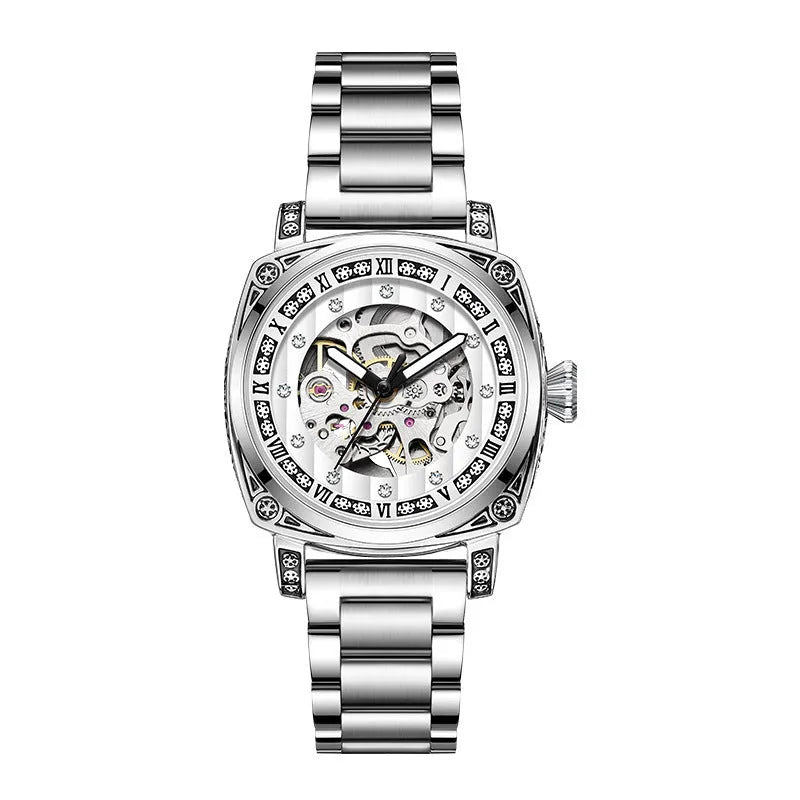 Men's mechanical watch with leather strap luminous hands waterproof 10 metre in black red steel strip or white