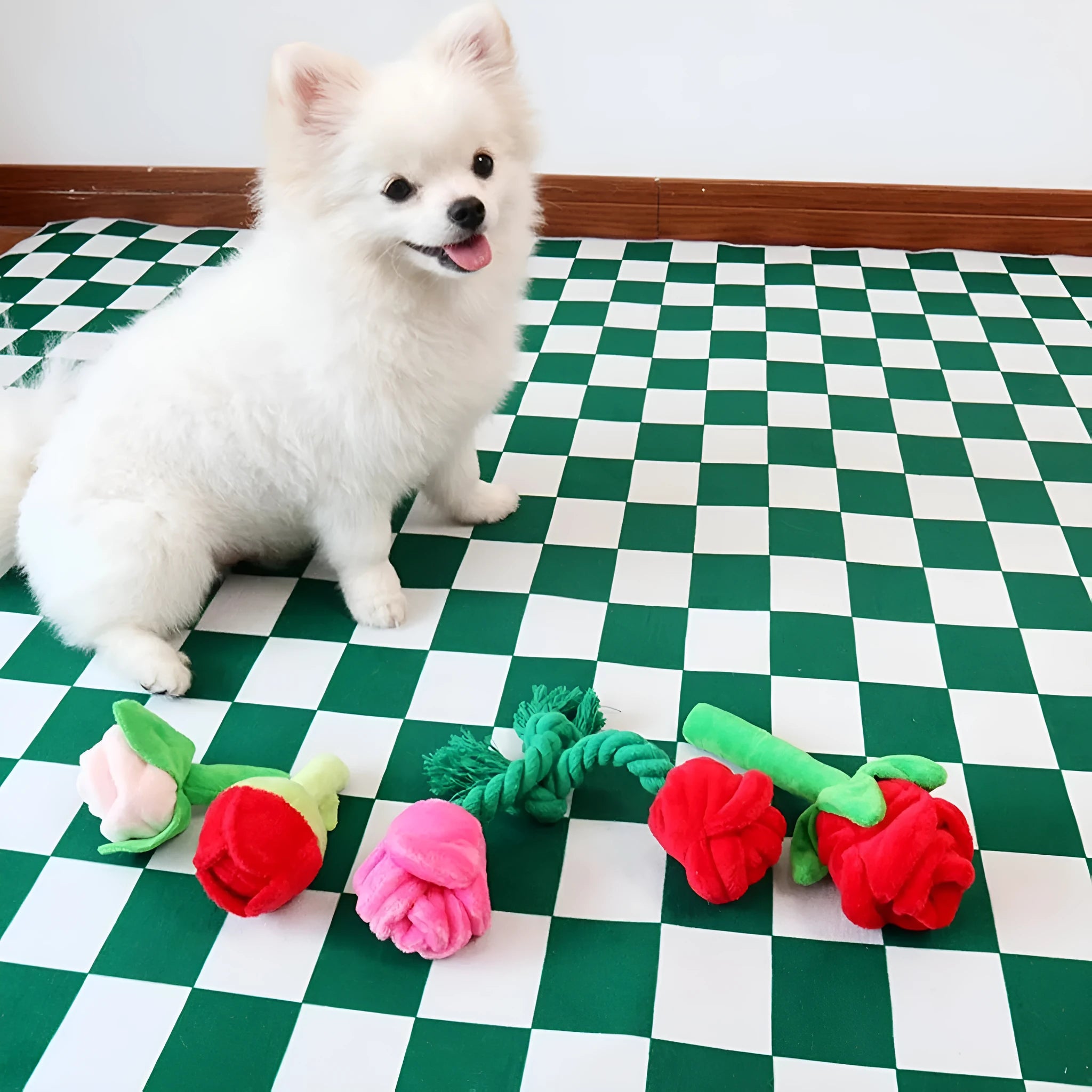 Chew-resistant plush rose flower dog toy with squeaker for small dogs and puppies, soft plush material