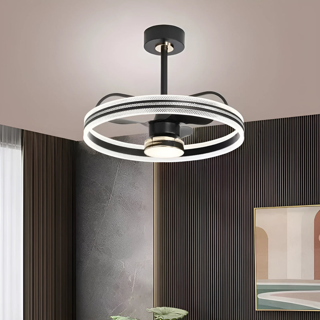Black chandelier ceiling fan with remote control, three colour light modes, and ABS blades for living room
