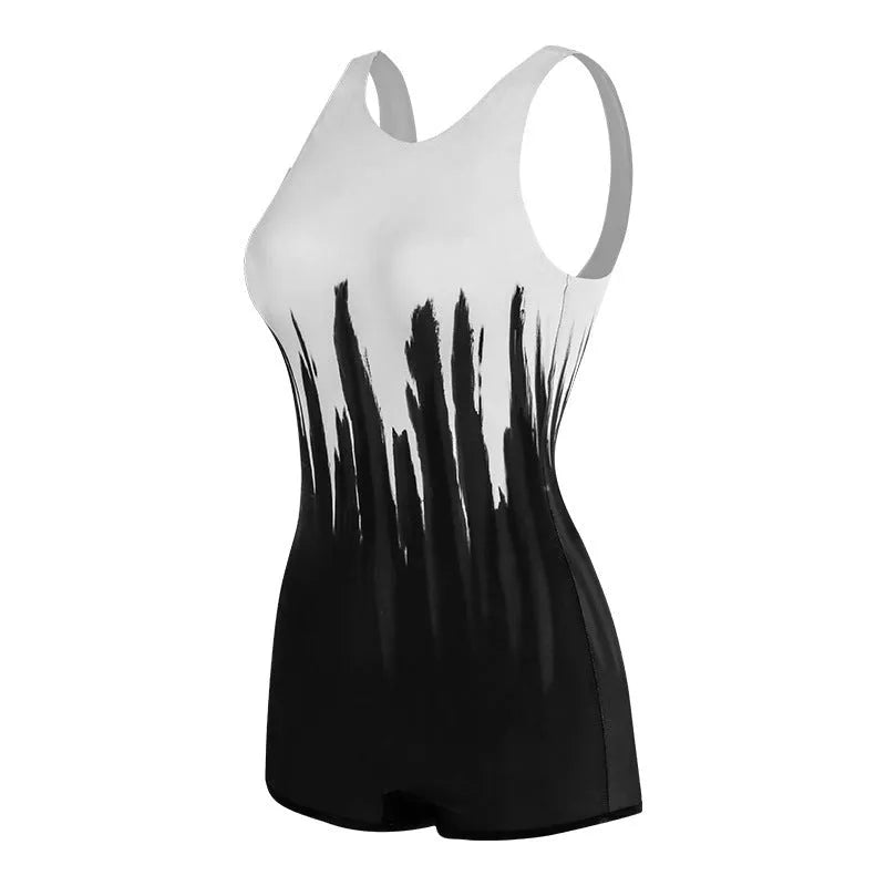 Black conservative one-piece swimsuit for women with printed pattern.