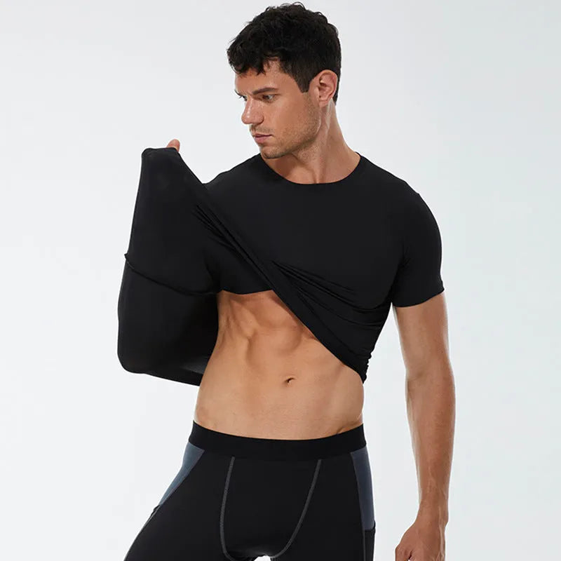 Men's quick dry stretch fitness shirt short sleeve solid colour polyester front view