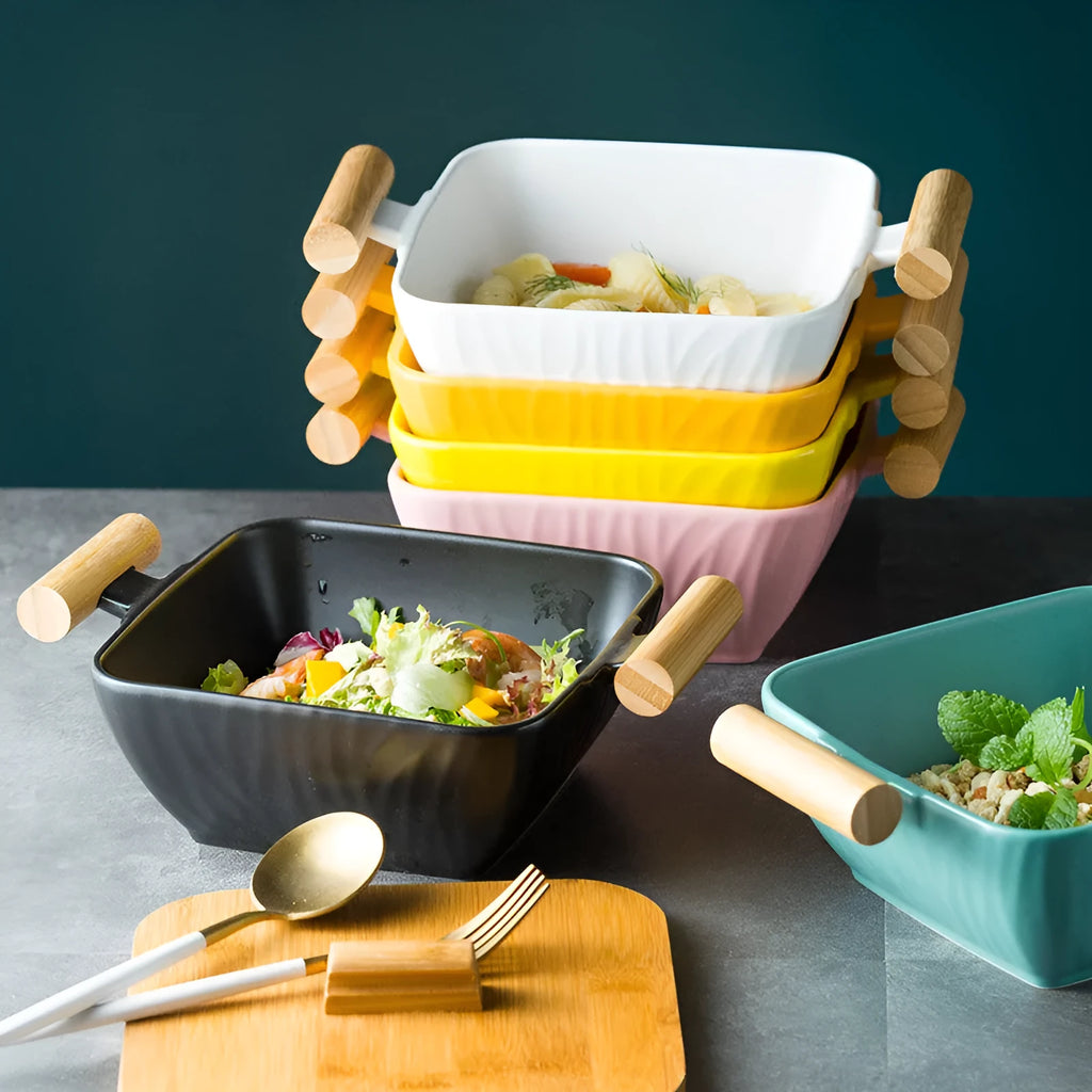 Modern irregular-shaped porcelain ceramic bowl with matching lid in choice of four colours