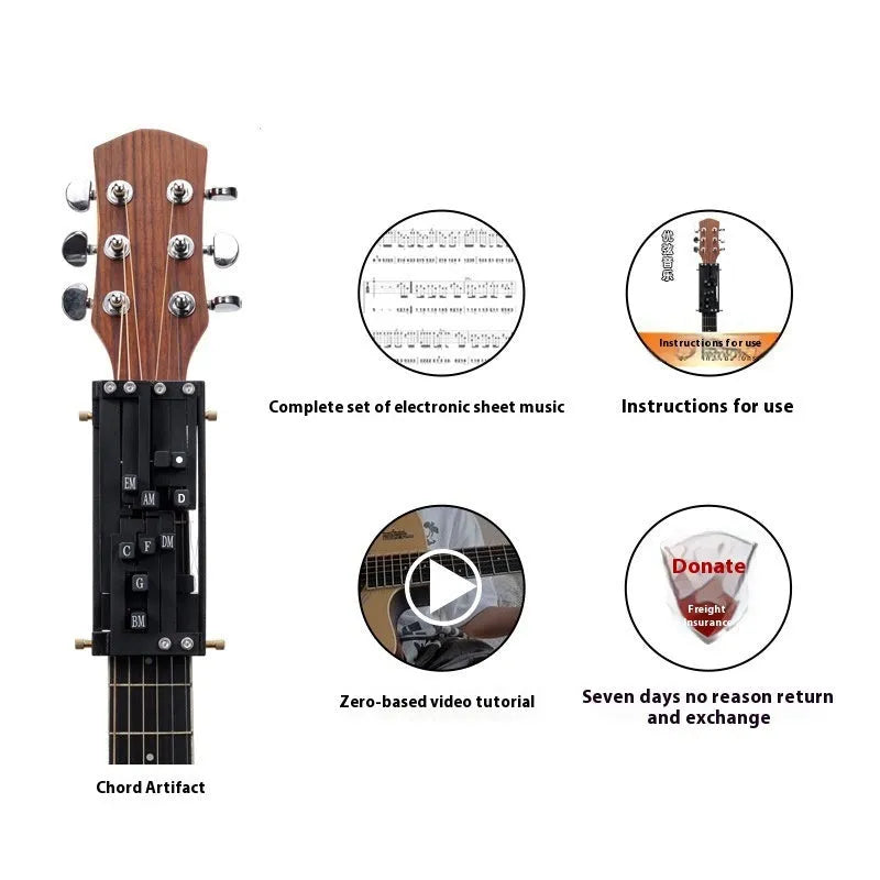 Black guitar chord changer device with automatic gear mechanism for beginner practice