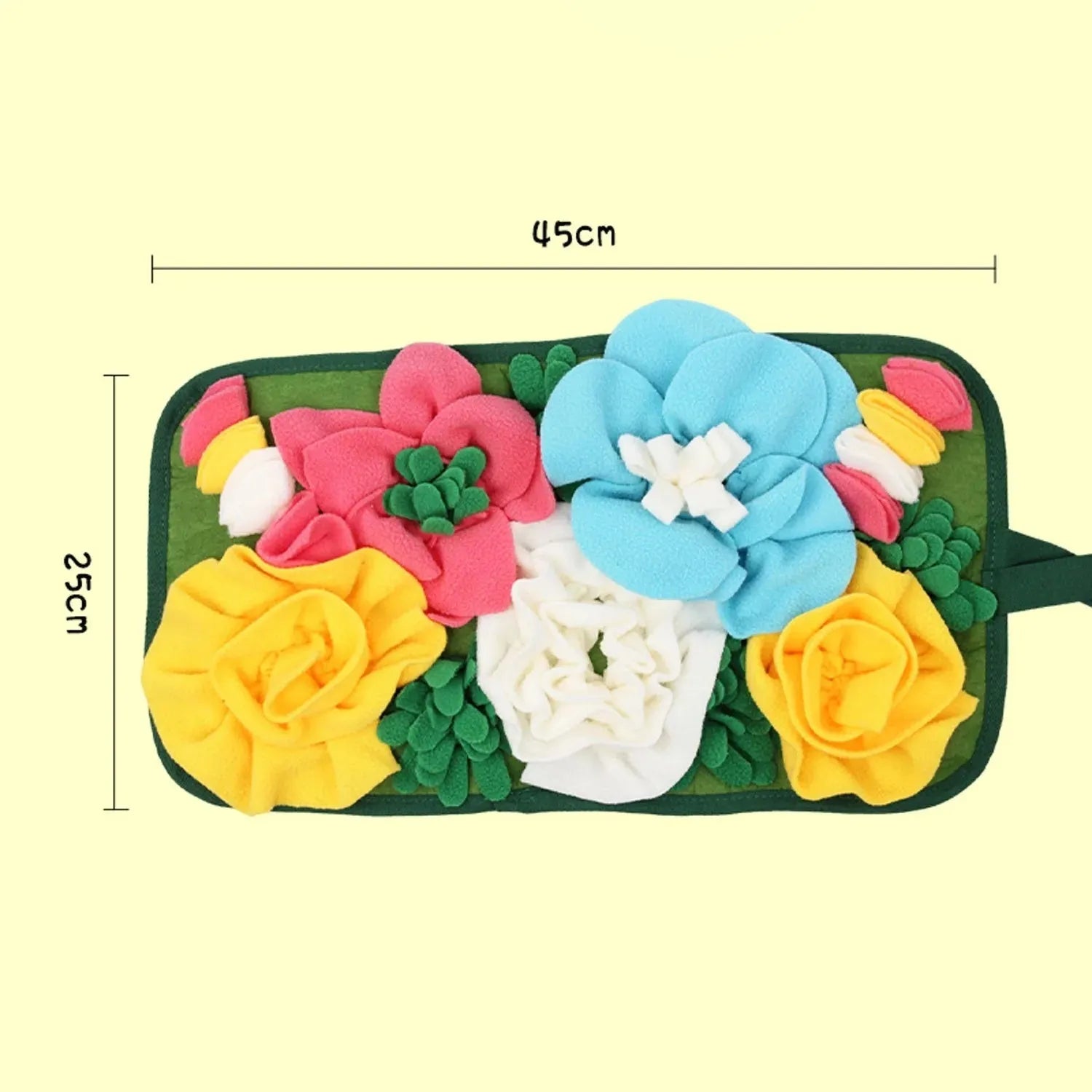 Gray square foraging mat for rabbits and guinea pigs with fabric loops for hiding treats