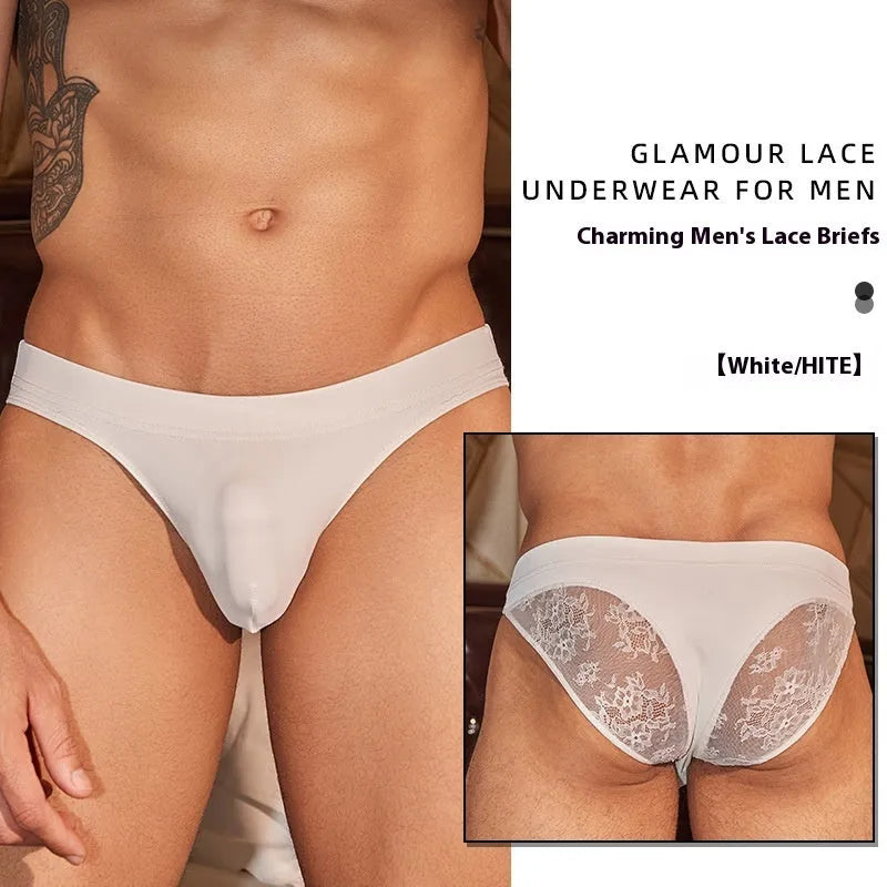 Men's black shark skin lace hip briefs on a white background, showing texture and cut.