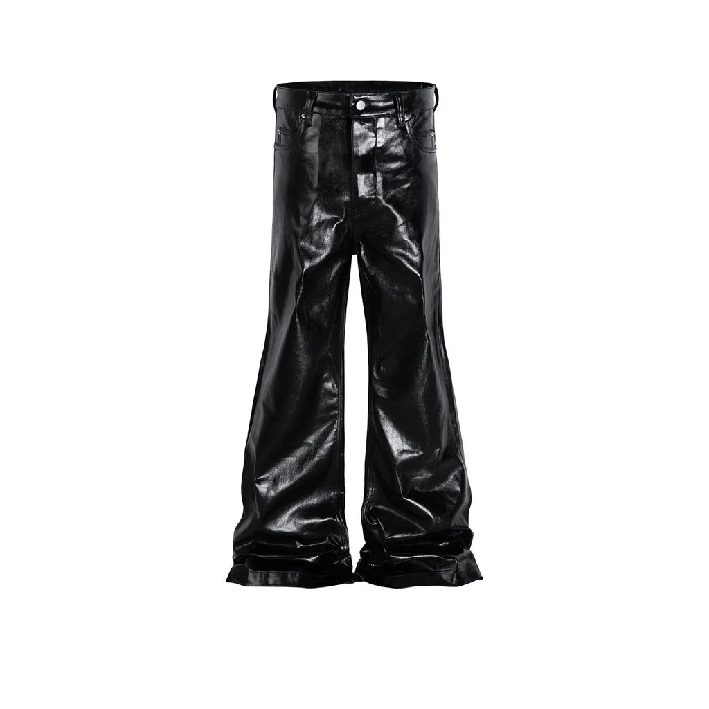 Black shiny patent leather straight-leg skinny jeans on a hanger