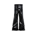 Black shiny patent leather straight-leg skinny jeans on a hanger