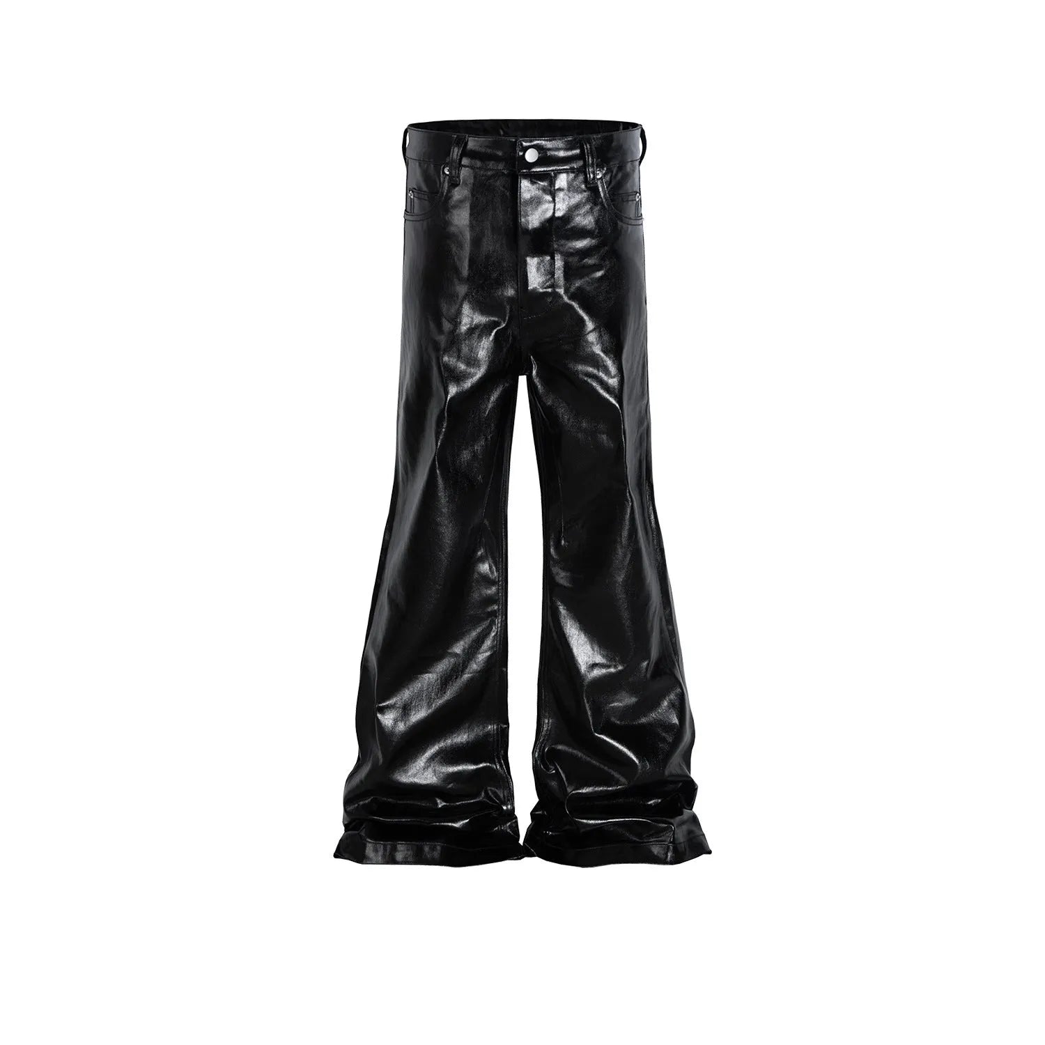 Black shiny patent leather straight-leg skinny jeans on a hanger