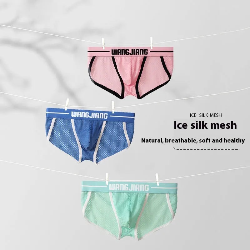 Men's mesh breathable ice silk triangle underwear in solid colours, quick dry sports briefs