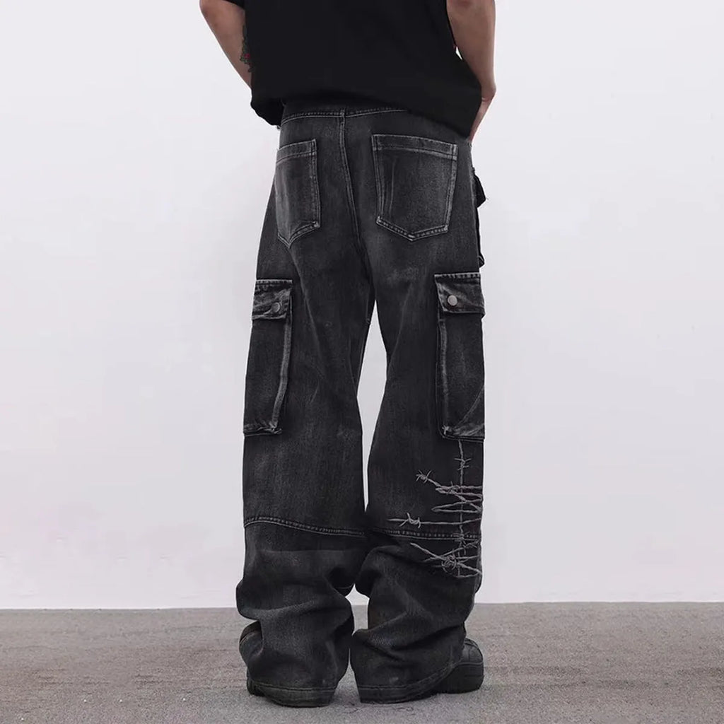 Men's black cotton loose-fitting wide-leg trousers with embroidery, front view, size M-XXL