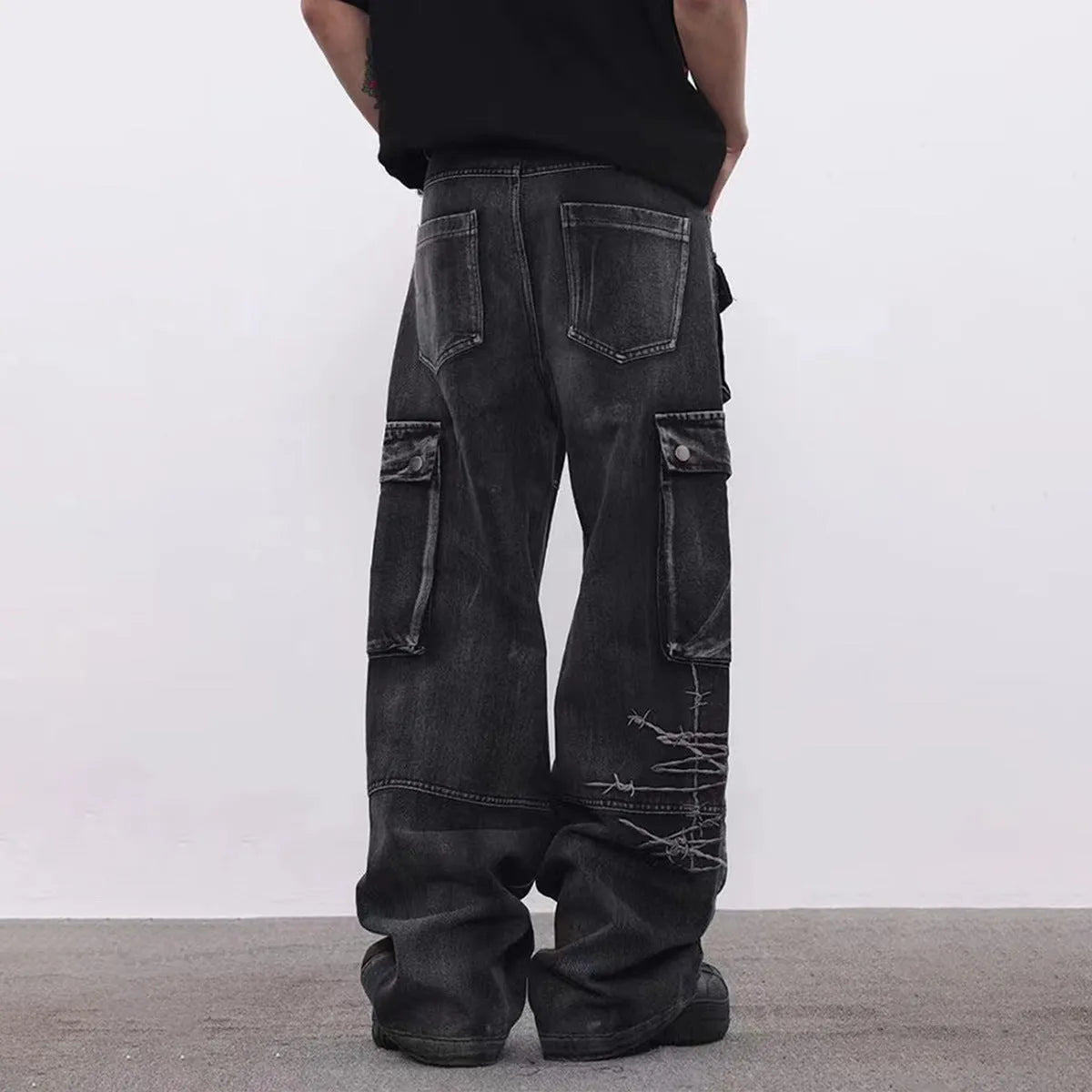 Men's black cotton loose-fitting wide-leg trousers with embroidery, front view, size M-XXL