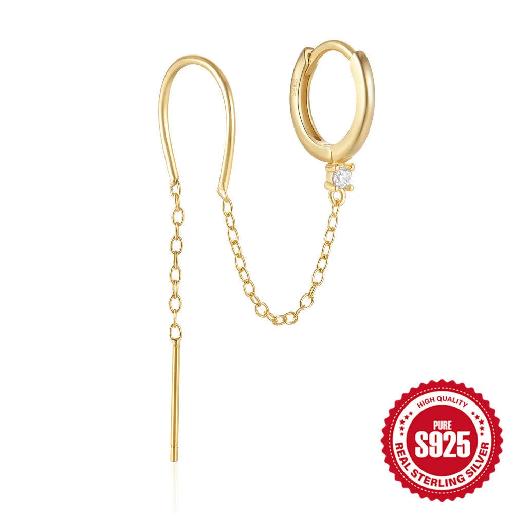 S925 sterling silver ear clip stud earrings with flower, tassel, and chain design in a gold colour.