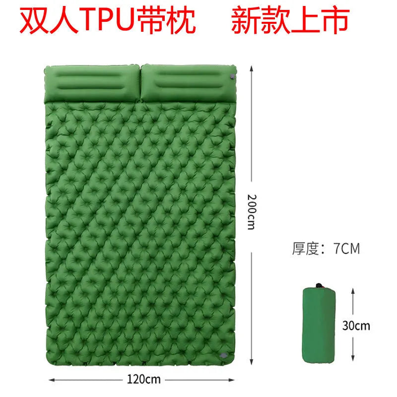 Double air mattress for camping widened outdoor airbed in army green with pillow 200x120x7cm