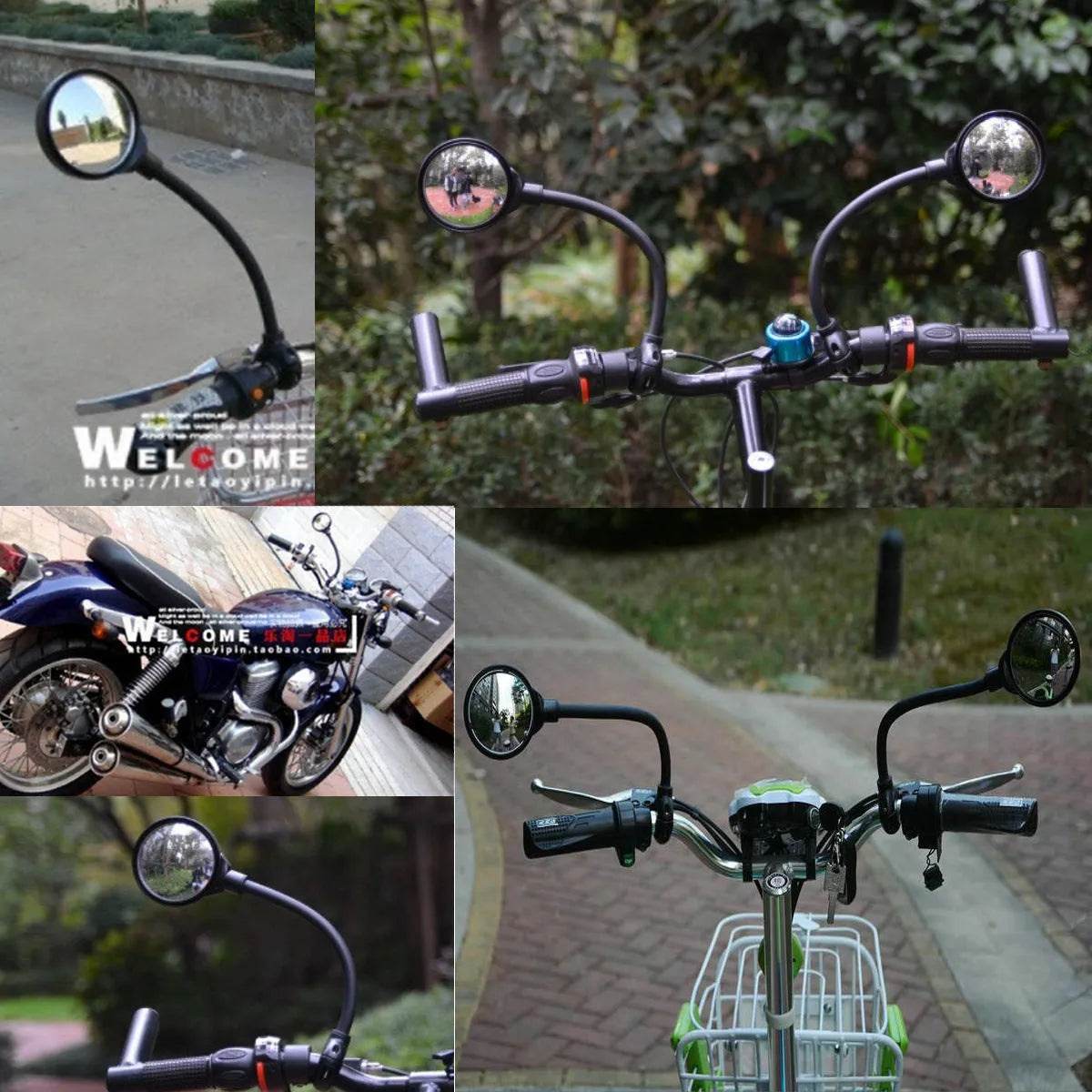 Close-up of a black metal bicycle rearview mirror with hose adjustment mechanism and reflector on a handlebar