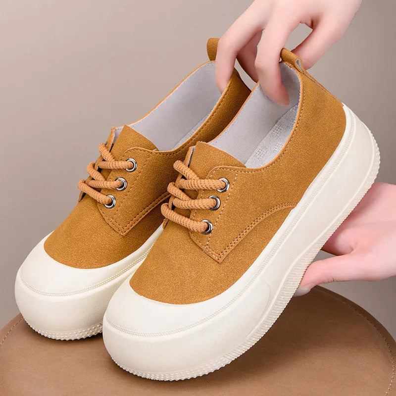 Women's camel suede platform loafers with round toe and lace-up front adding 4cm height