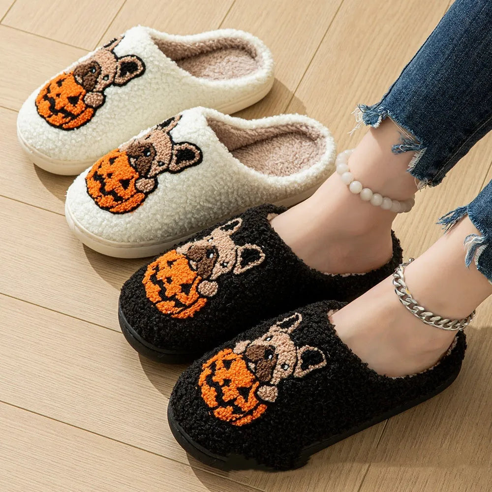 Halloween pumpkin patterned house slippers with plush velvet cotton upper and non-slip TPR rubber soles