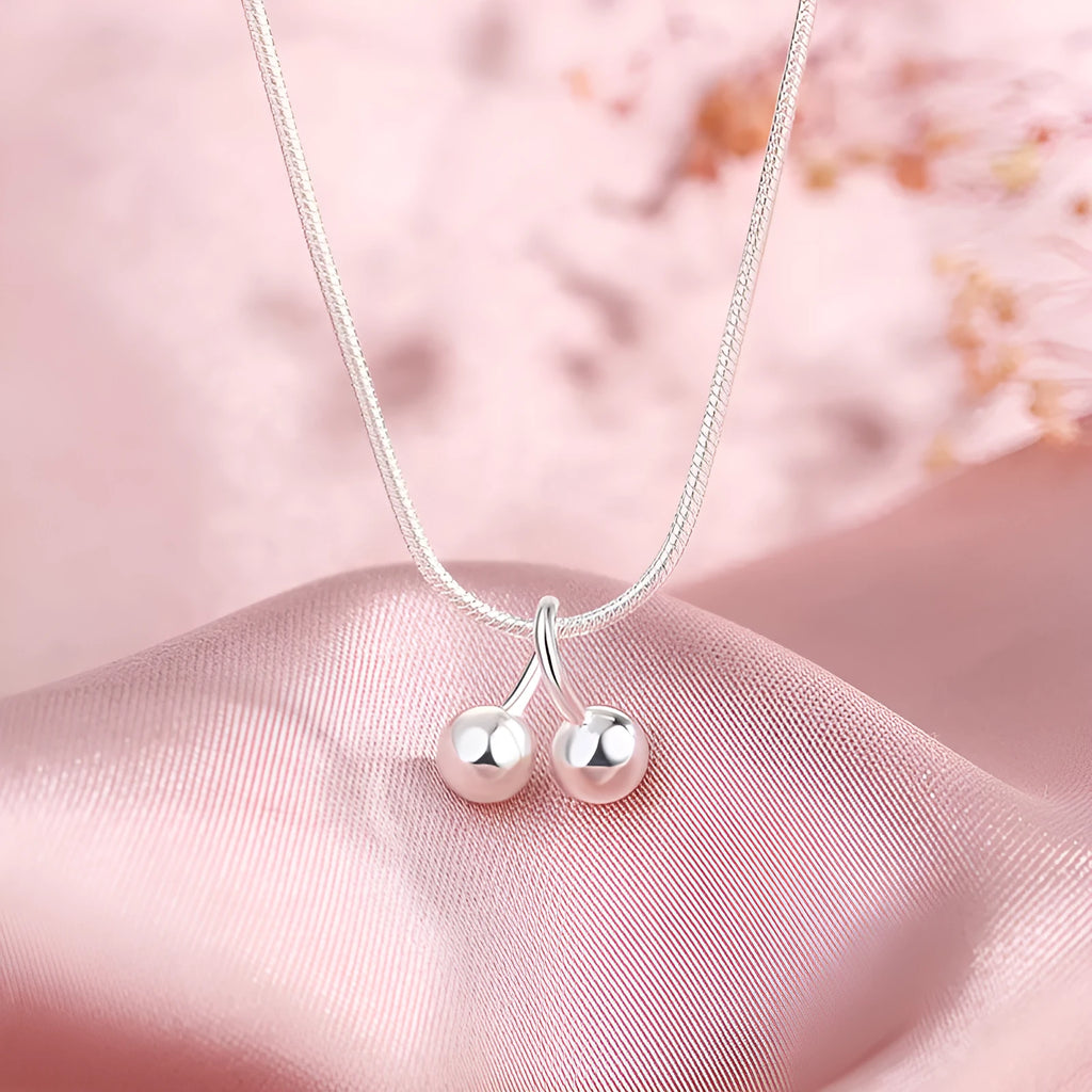 Silver cherry necklace for women with adjustable snake bones chain and 925 silver pendant