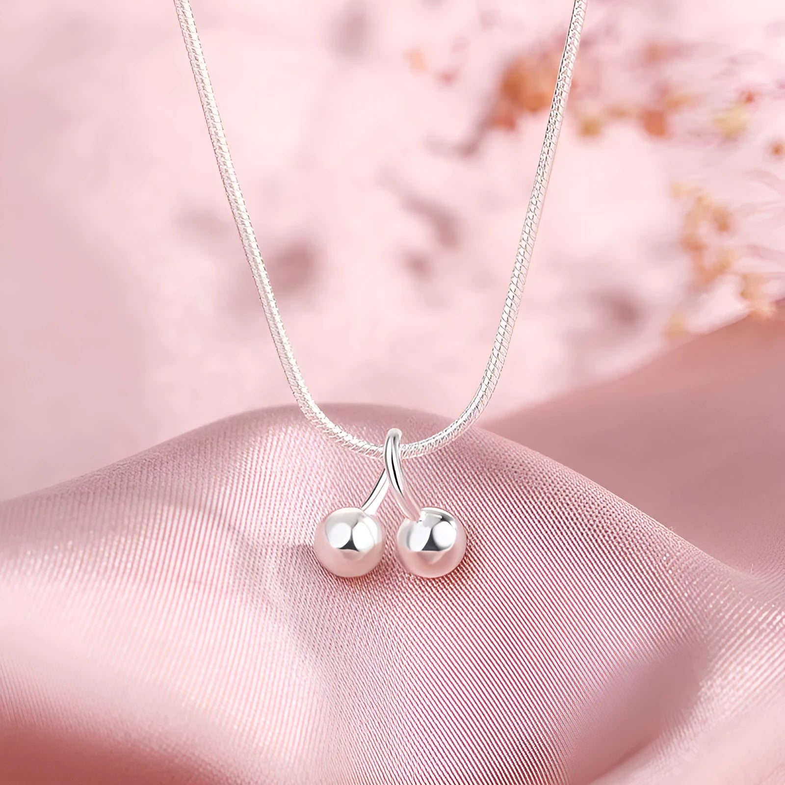 Silver cherry necklace for women with adjustable snake bones chain and 925 silver pendant