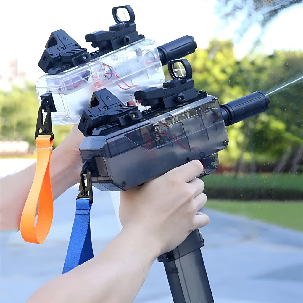 Electric water gun with transparent body and rechargeable battery held in hand, showing blue colour option