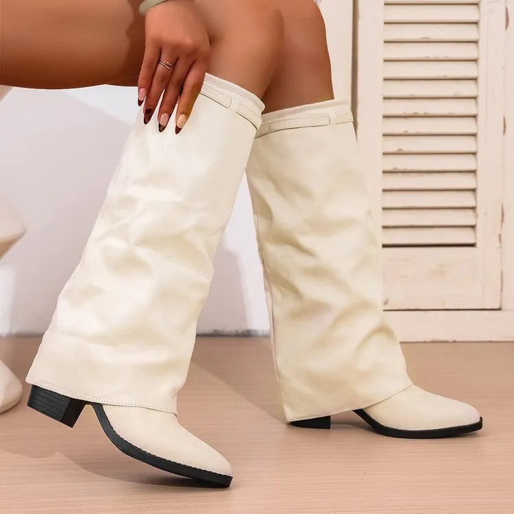 Men's pointed toe high tube pants boots with pleated chunky heel sleeve in black