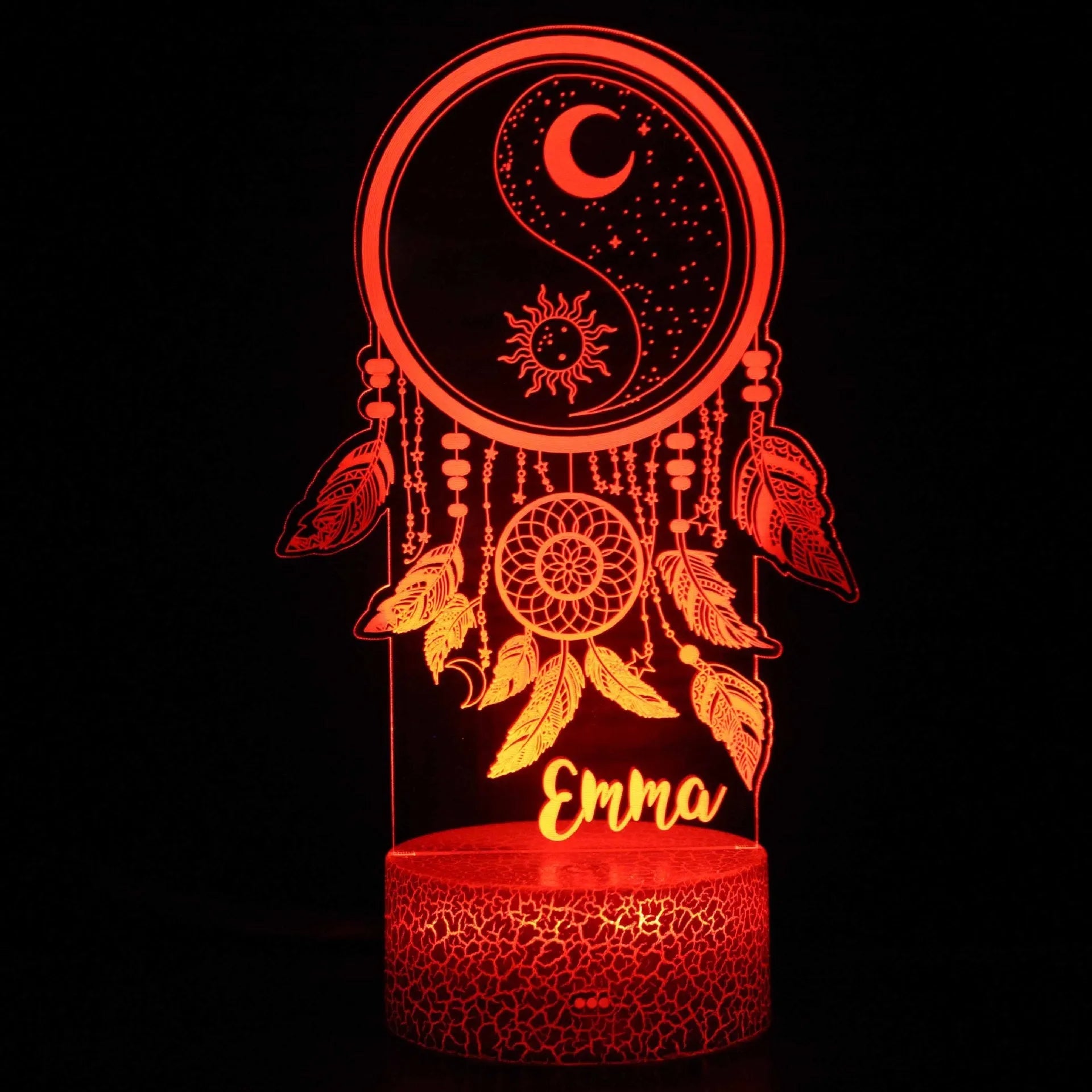 3D small night lamp with colourful LED lighting, touch and remote control, and USB power supply on a bedside table