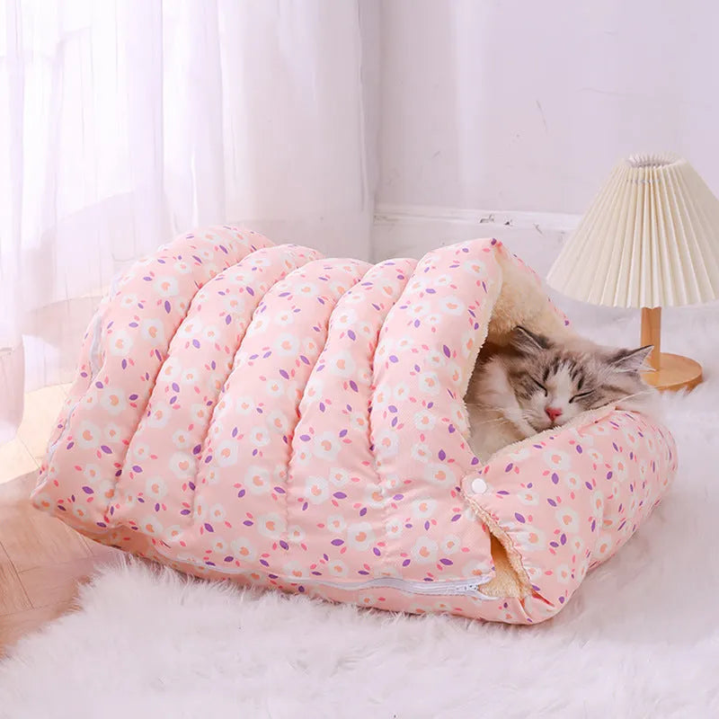 Winter cat nest with removable cloth cover, size M for cats under 15kg, pink small flower design