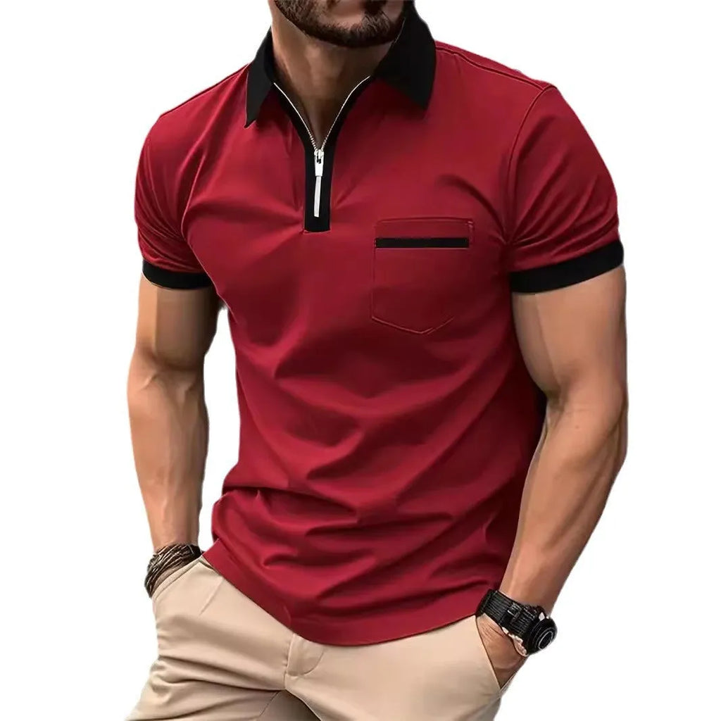 Men's casual short sleeve shirt with chest pocket and zipper decorations in chemical fibre blend fabric