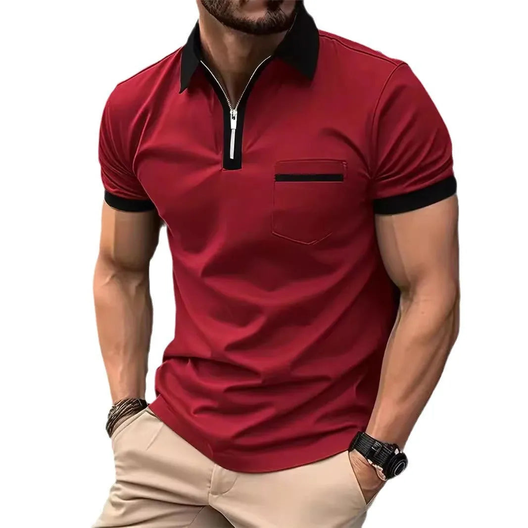 Men's casual short sleeve shirt with chest pocket and zipper decorations in chemical fibre blend fabric