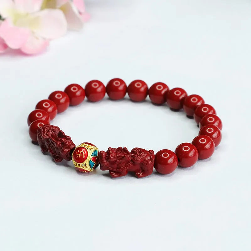 Cinnabar double pixiu women's bracelet 8mm purple gold sand leather animal zodiac carving