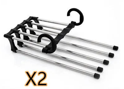 Black 5-in-1 stainless steel trouser hanger with five booms and dual hooks on a clothes rack