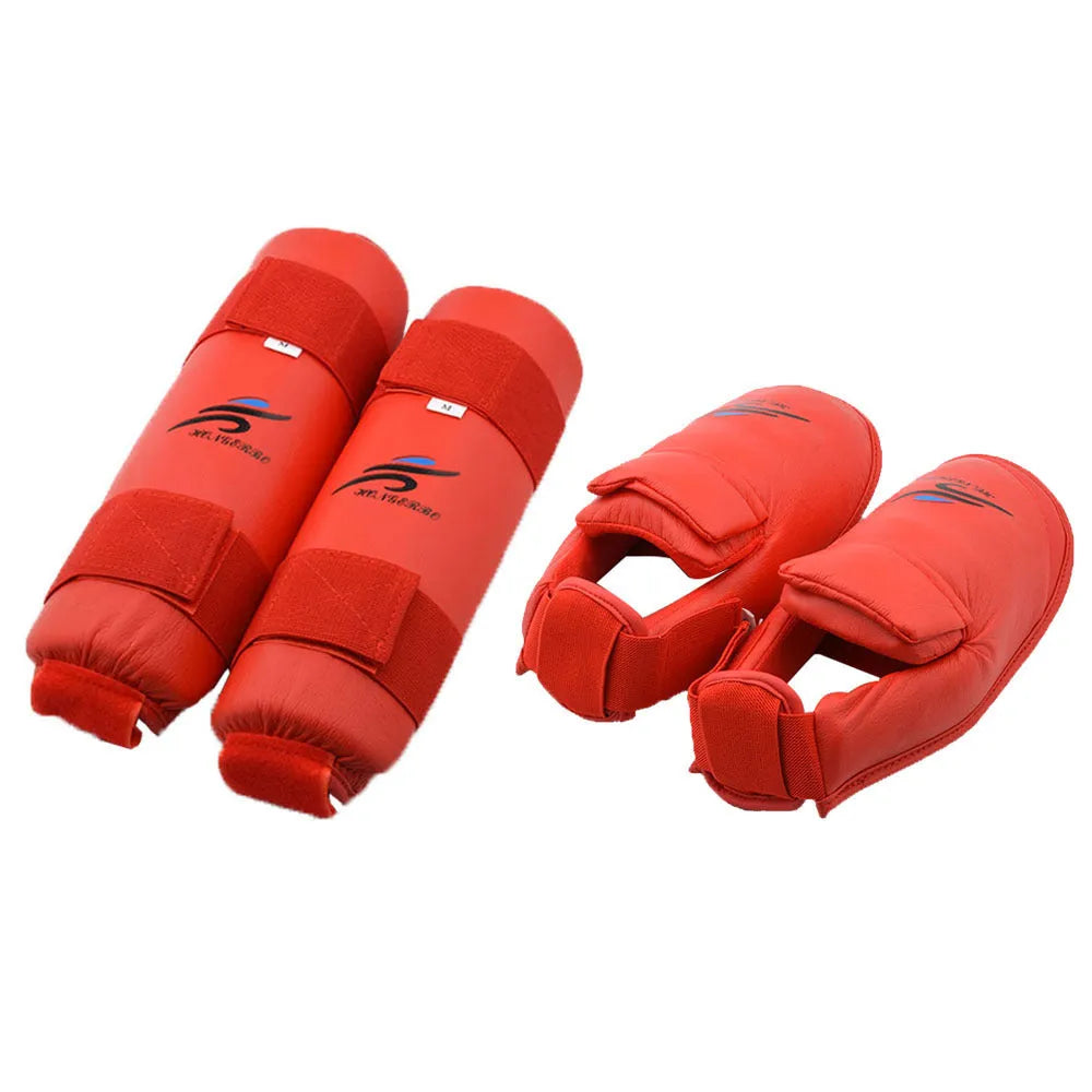 Red martial arts protective gear set including leg guard, helmet and gloves for karate and taekwondo training