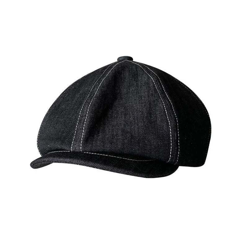 Black octagonal beret hat made from Japanese Denim cotton fabric, shown on a head model.