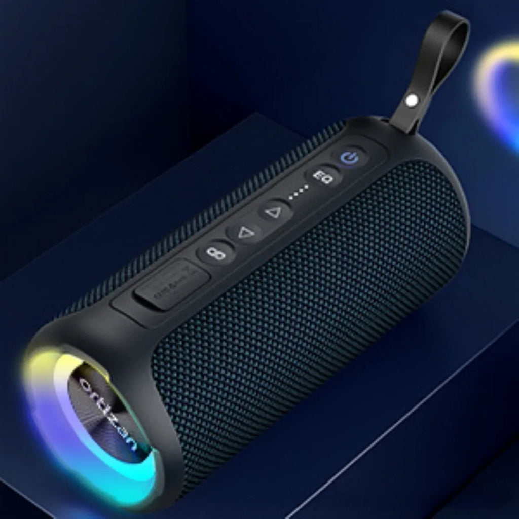 Black and blue fabric Bluetooth speaker with LED lights, showing side view with control buttons.