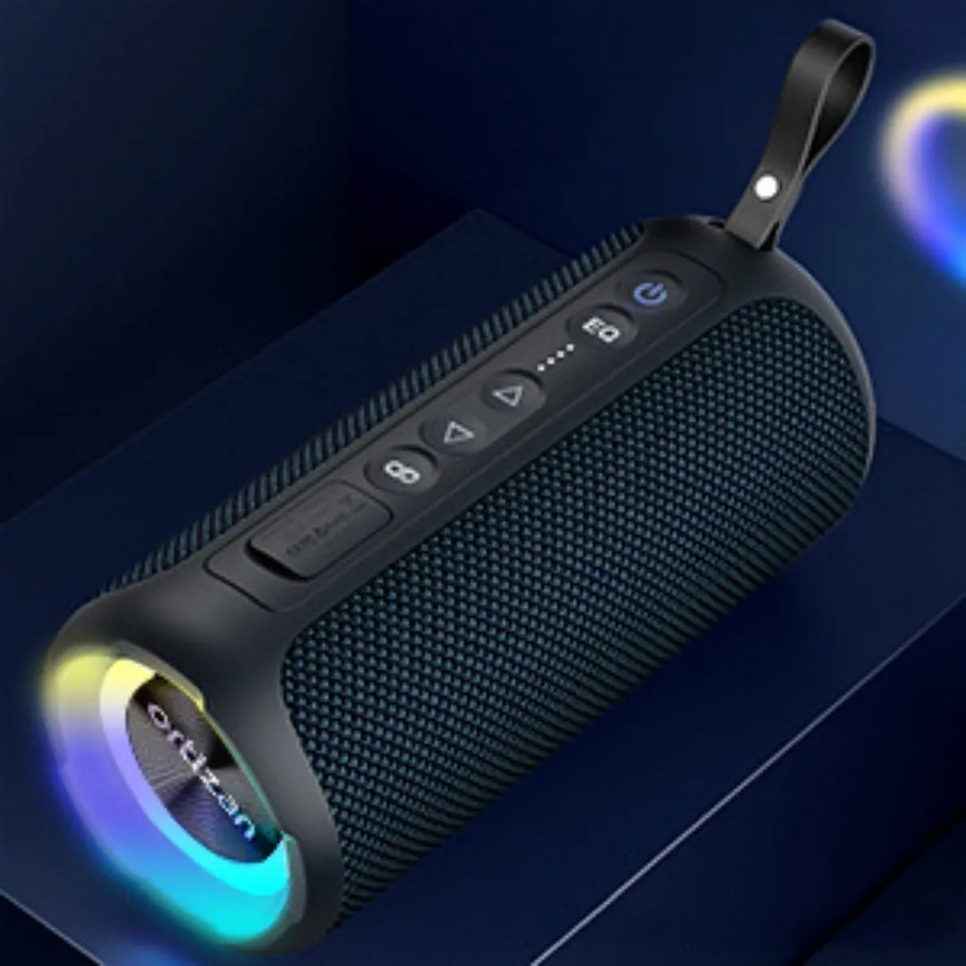 Black and blue fabric Bluetooth speaker with LED lights, showing side view with control buttons.