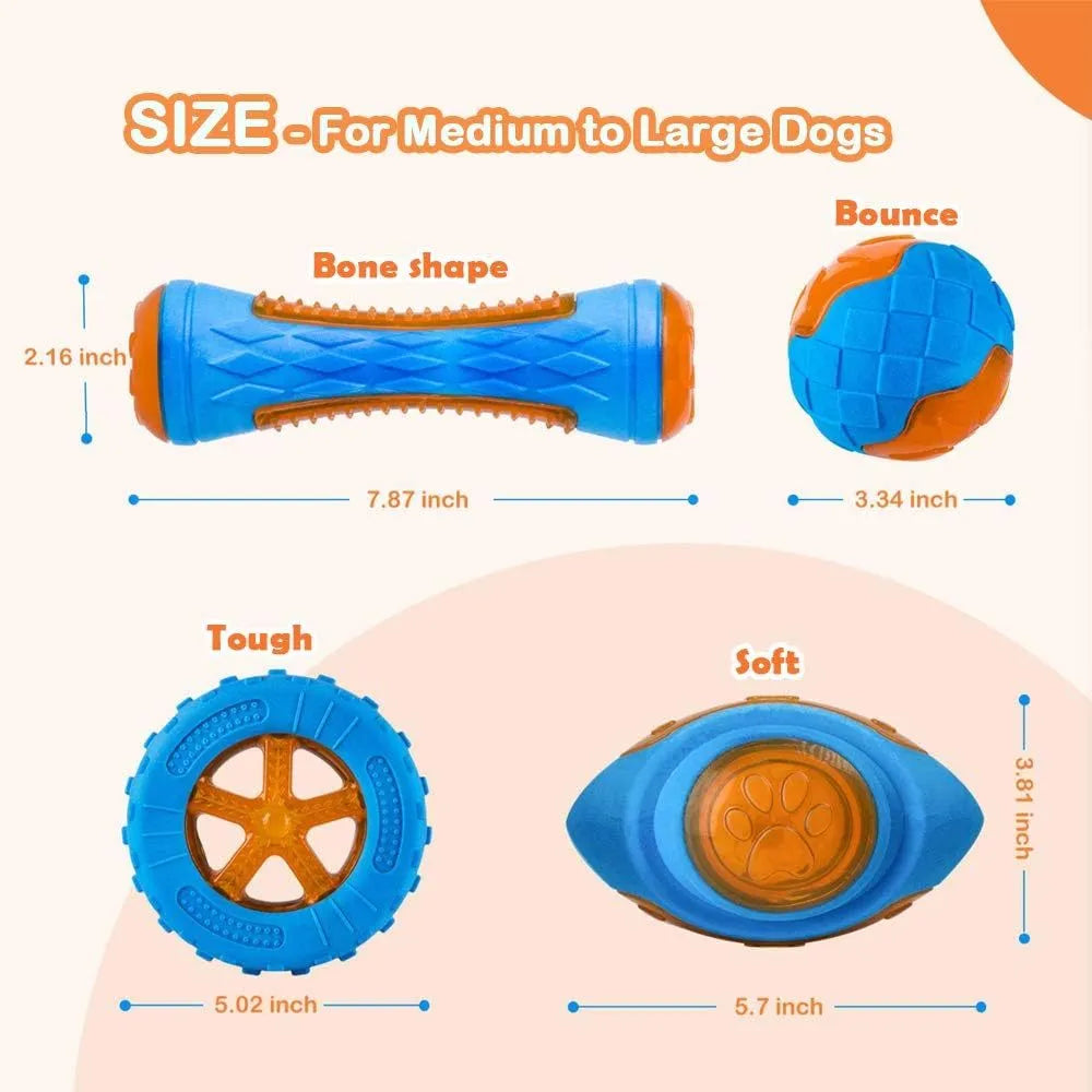 Set of three floating squeaky dog toys: a red ball, a blue barbell, and an orange tyre.