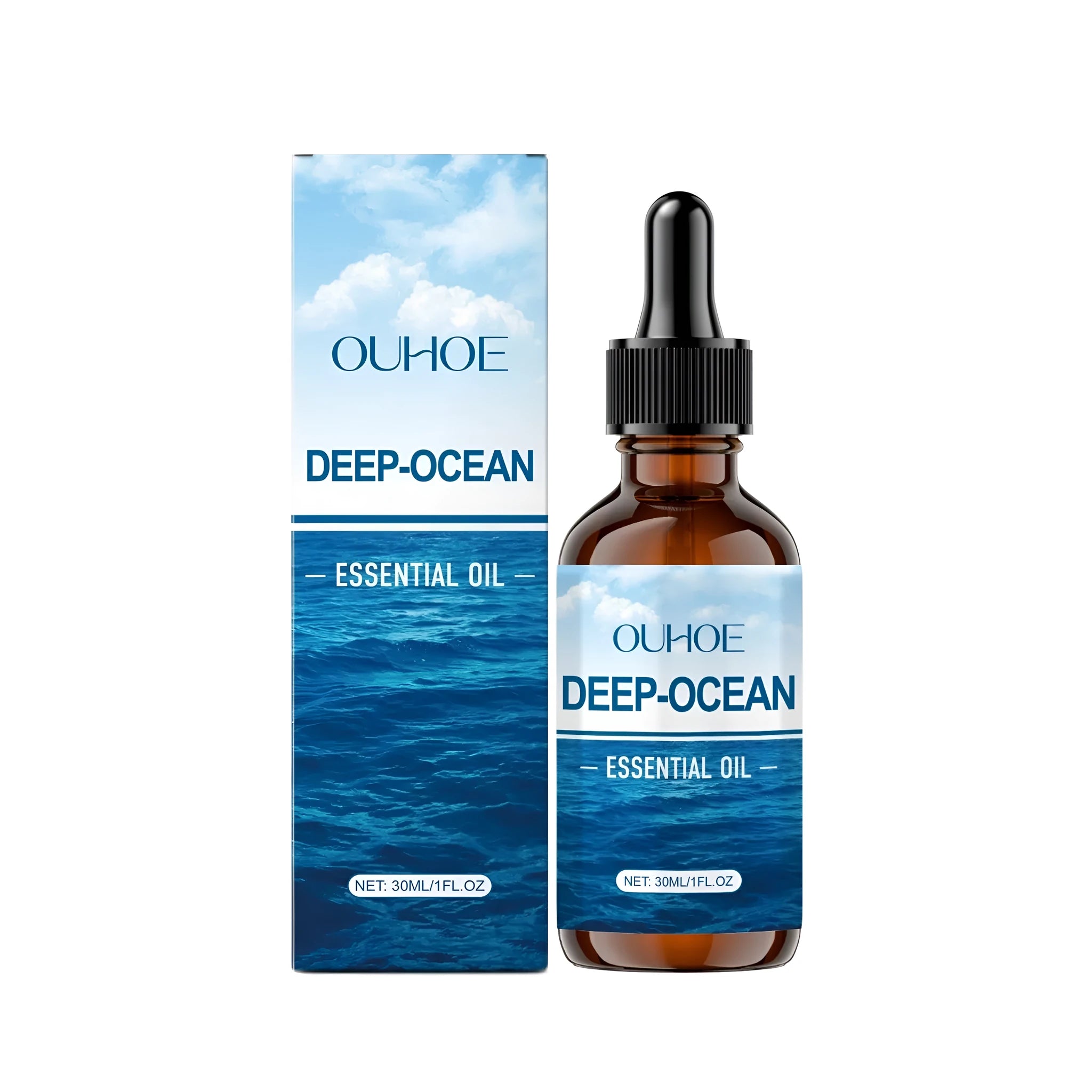 30ml bottle of Deep-Ocean essential oil with a black dropper on a white background.