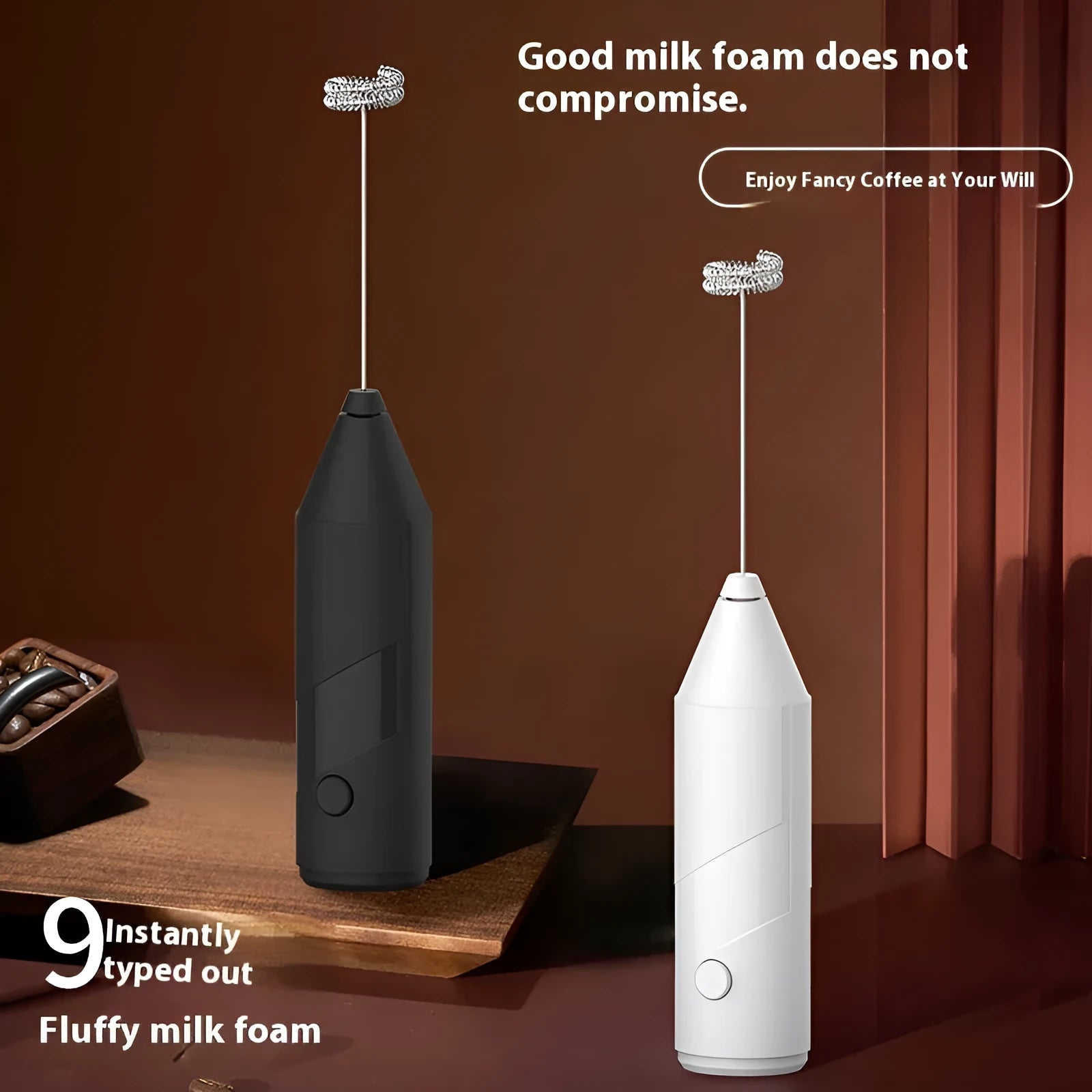 Mini handheld electric milk frother in black, white and khaki colours with USB charging cable