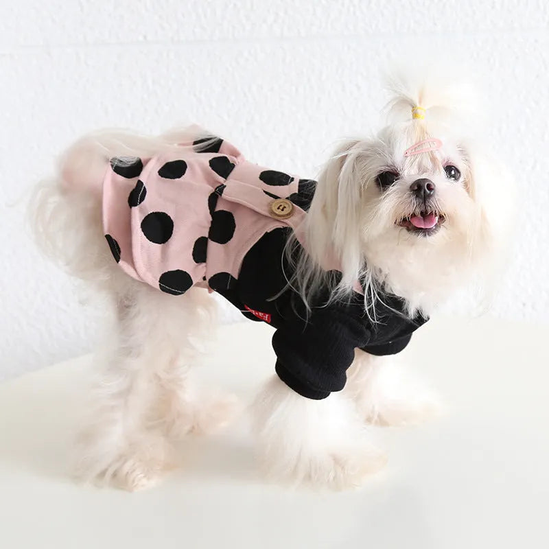 Pet couple outfits with coordinated shoulder straps in four-legged and skirt styles