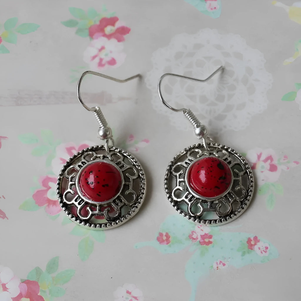 Handmade geometric turquoise flower disk earrings with Tibetan silver Miao ethnic patterns