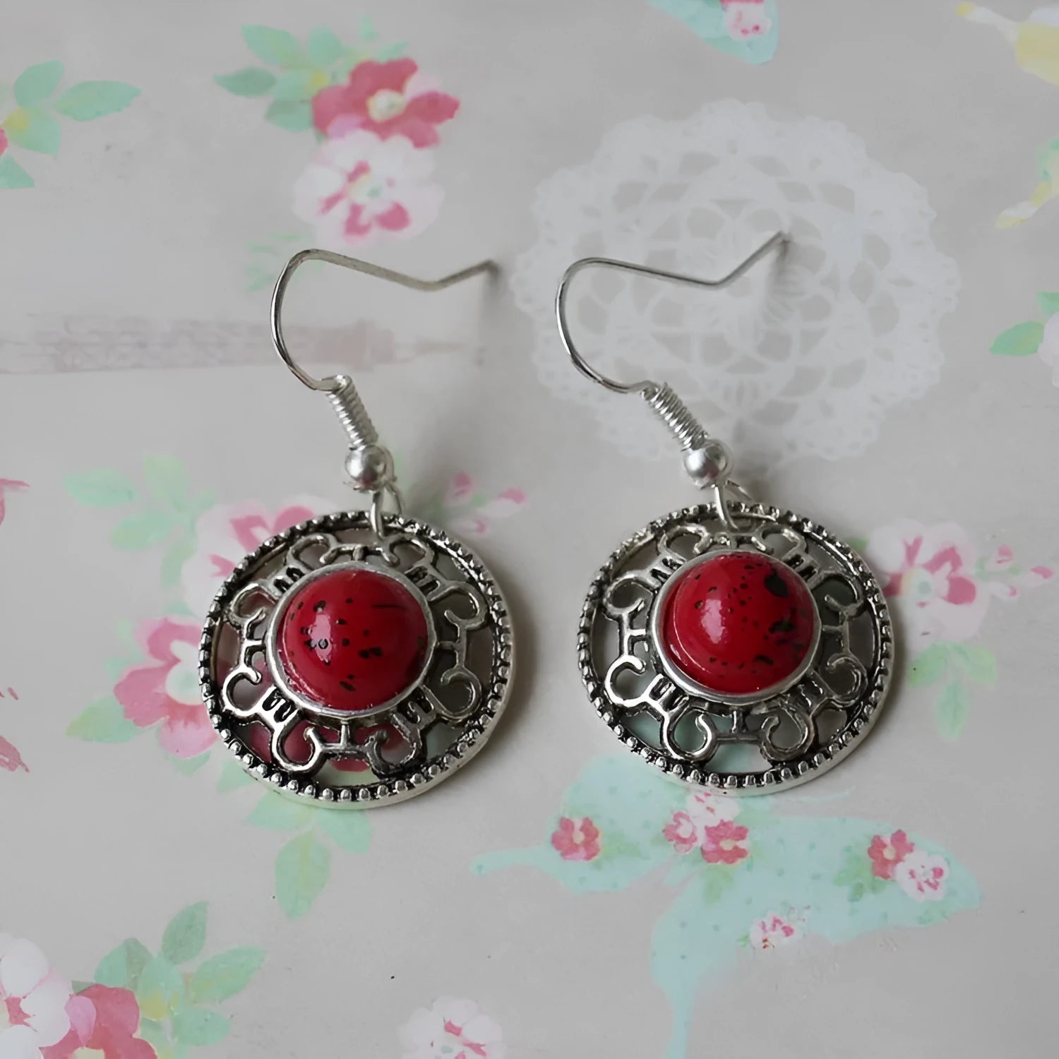 Handmade geometric turquoise flower disk earrings with Tibetan silver Miao ethnic patterns