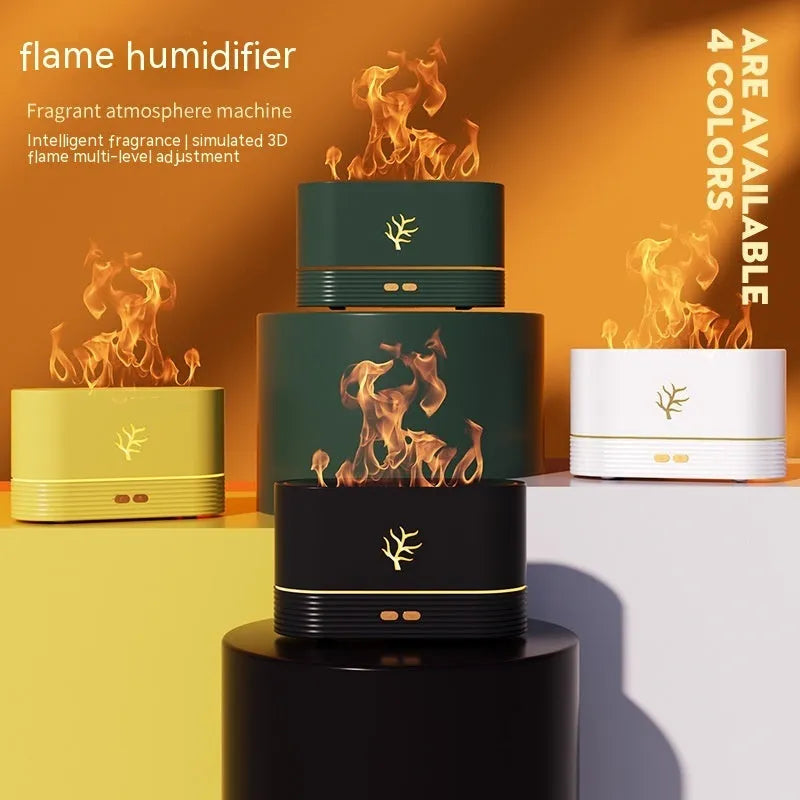 USB flame humidifier with realistic LED fire effect and timing in white colour on a desk