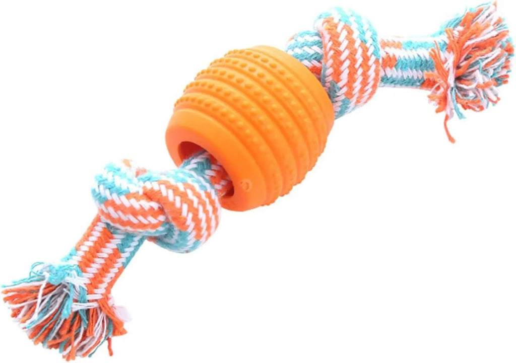 Blue molar-shaped dog chew toy with integrated rope elements for dental cleaning