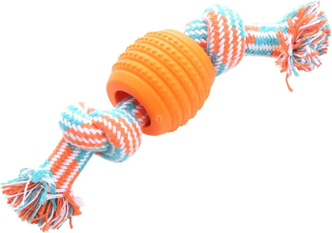 Blue molar-shaped dog chew toy with integrated rope elements for dental cleaning
