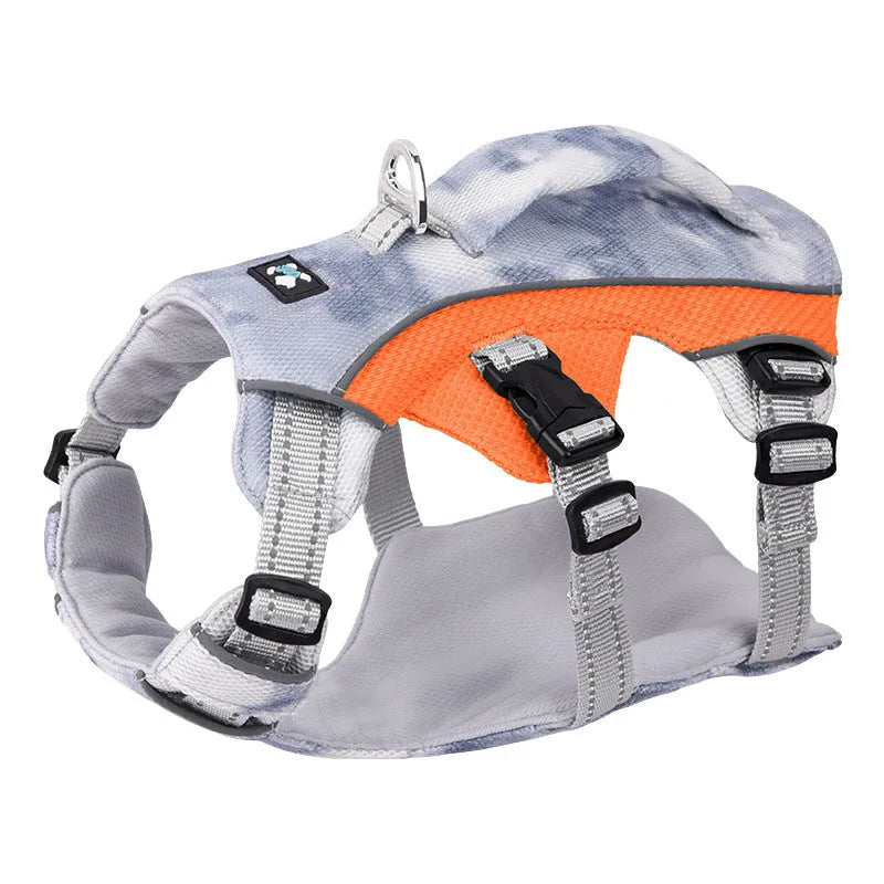 Reflective pet cooling chest strap harness in light blue, pink, dark blue, or orange.
