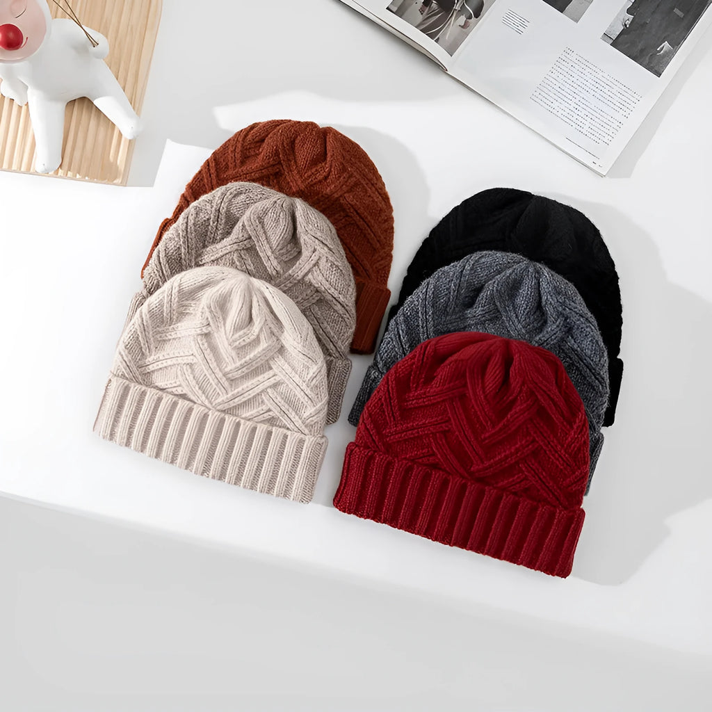 Women's wool knitted dome winter hat in ankela red colour showing thickened knitting texture