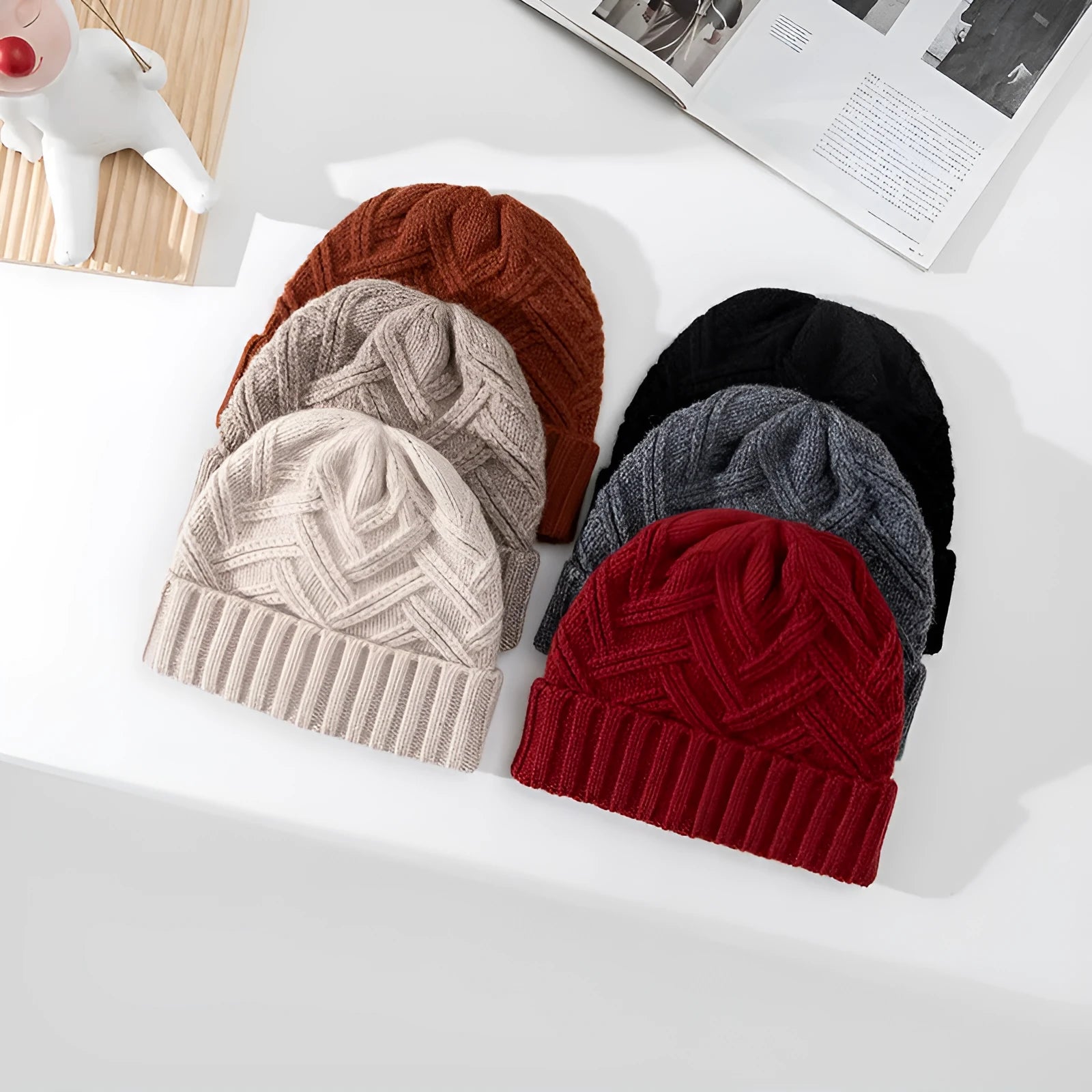 Women's wool knitted dome winter hat in ankela red colour showing thickened knitting texture