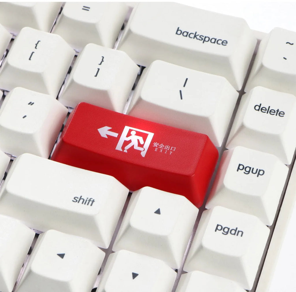 Red safety evacuation exit graphic on transparent plastic backspace keycap for USB wired keyboard