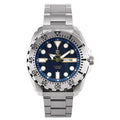 Men's waterproof luminous quartz watch with blue dial and steel band on wrist